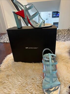United Nude Mint Green Strappy High Heel Sandals with Red Accent